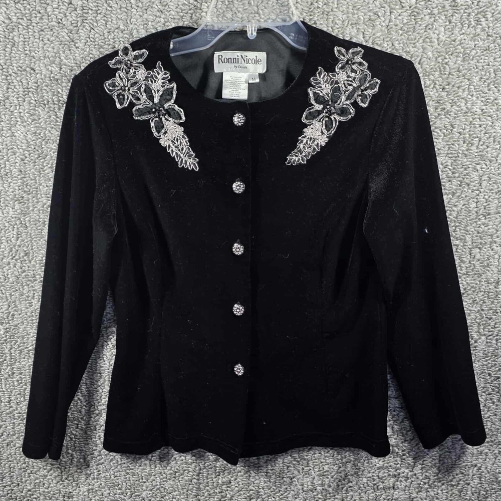 Ronni Nicole‎ by Ouida Cardigan Black Velvet Beaded Floral Button Womens Medium